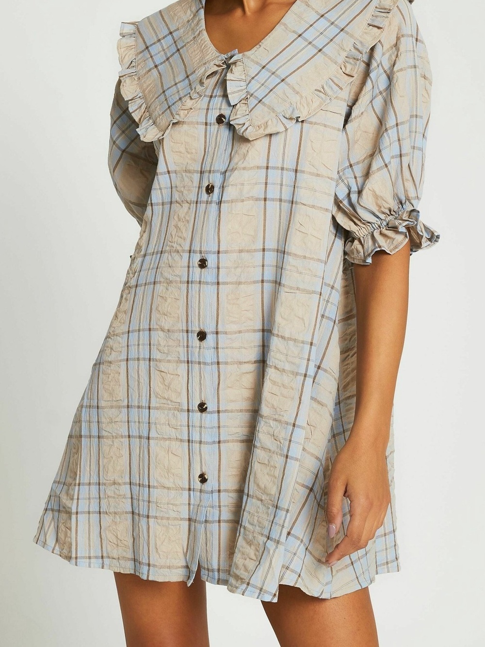 River Island Tan Light Blue Plaid Button-Up Ruffle BabyDoll Mini Dress Sz 10